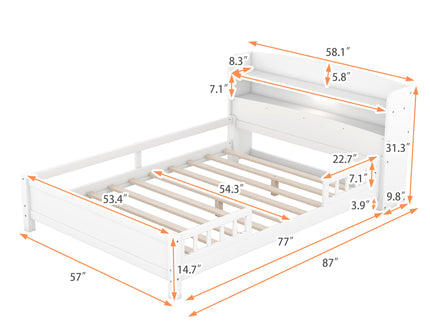 Wood Platform Bed With Built In LED Light, Storage Headboard And Guardrail