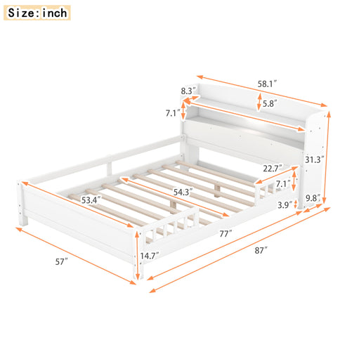 Wood Platform Bed With Built In LED Light, Storage Headboard And Guardrail
