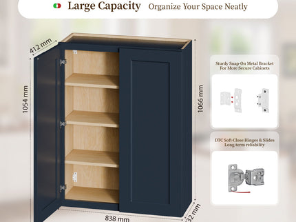 Shaker Wall Cabinet With Soft Close Hinges, Adjustable Shelves, Double Door