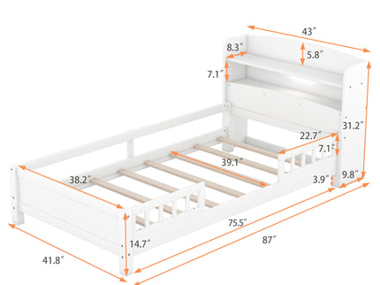 Wood Platform Bed With Built In LED Light, Storage Headboard And Guardrail