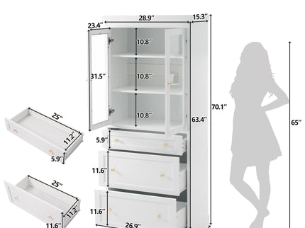 Freestanding Tall Bathroom Cabinet With Adjustable Shelves, Drawers, Soft Close Glass Doors