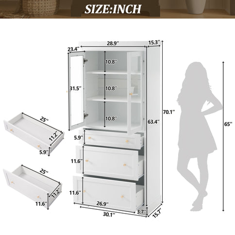 Freestanding Tall Bathroom Cabinet With Adjustable Shelves, Drawers, Soft Close Glass Doors