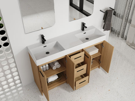 Double Sink Bathroom Vanity With 3 Drawers, Large Storage, Integrated Sink, Freestanding Cabinet, Soft Close Hardware - Glossy White / Light Oak
