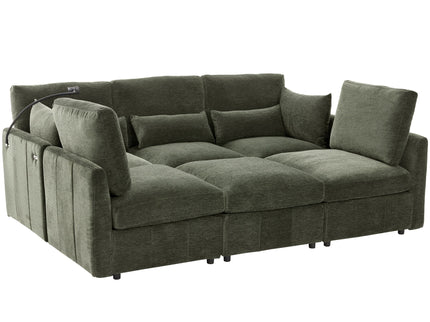 Modern Modular U-Shaped Sofa Bed With Movable Ottoman, USB Ports, Phone Holder
