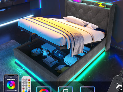 Upholstered Bed, 360 Surround LED Function, Remote Control, Hydraulic Storage Bed With USB, Type-C Charging (Without Mattress)