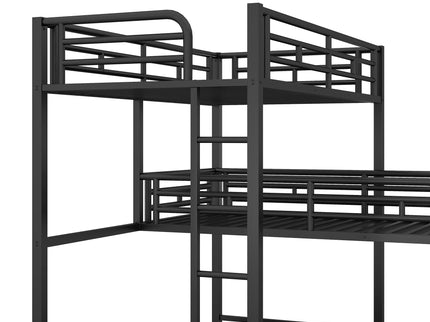 L-Shaped Triple Twin Size Bunk Bed, Industrial Design With Integrated Ladder And Full Length Guardrails - Black