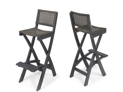 Outdoor Folding Acacia Wood Barstools With Rattan Backrest And Seat