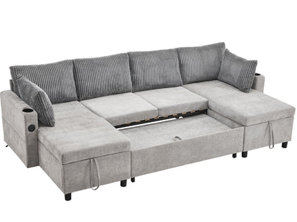 Sectional Sofa Bed With Pull Out Sleeper, USB Ports, Cup Holders