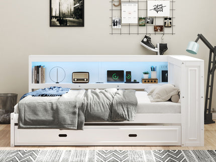 Daybed With Storage Shelves, LED, USB, And Trundle