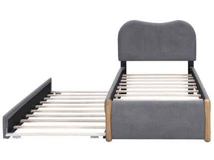 Upholstered Platform Bed With Wood Supporting Feet And Trundle