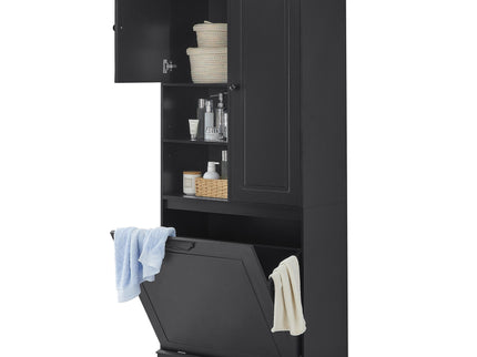 Modern Tall Storage Cabinet With Adjustable Shelves, Flip-Out Basket & Enclosed Doors