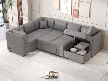 U-Shaped Sectional Sofa Pull Out Sofa Bed With Two USB Ports, Two Power Sockets, Three Back Pillows And A Storage Chaise For Living Room
