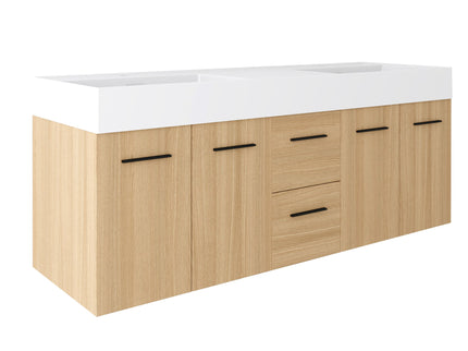 Floating Double Sink Bathroom Vanity With Drawers And Doors, Extra Large Storage, Integrated Sink, Soft Close Hardware - Glossy White / Light Oak