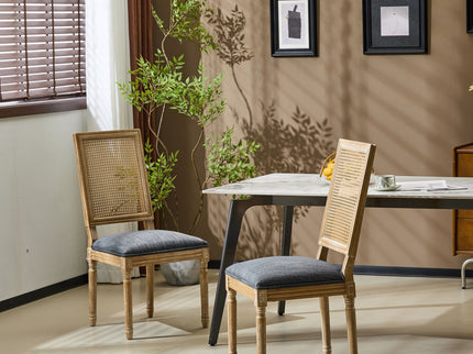 French Country Dining Chair With Rectangular Cane Backrest And Smooth Upholstered Seating