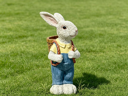 Simulated Couple Rabbit Statue Flower Pot Ornament, Resin Garden Sculpture Decor - Blue / White