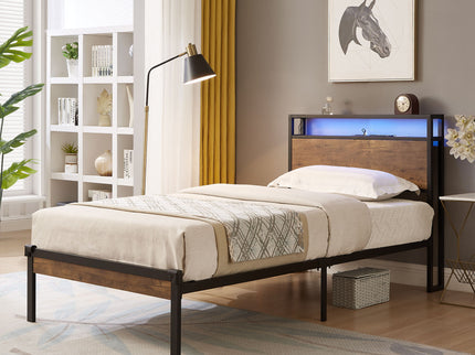 Twin Size Platform Bed Frame, LED Lights With Remote Control, USB Charging Port, Large Under Bed Storage - Black / Brown