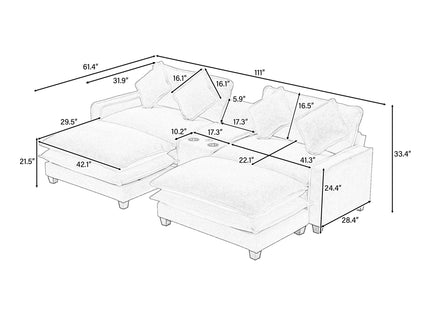 Modern Sectional Sofa With Removable Ottomans, USB Ports