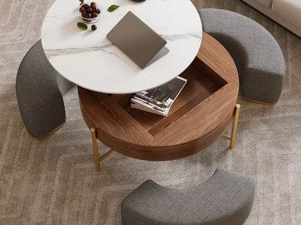 Lift Top Round Coffee Table With Hidden Storage, 3 Upholstered Nesting Ottomans - Brown / Gray / Golden / White