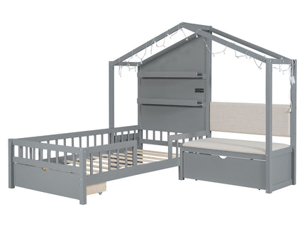 House Bed With Upholstered Sofa, Wireless Charging Station, Shelves And 2 Drawers