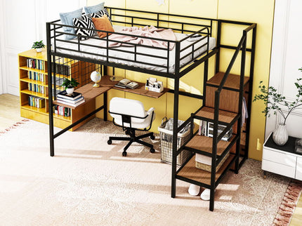 Loft Bed With Desk And Grid, Stylish Frame With Lateral Storage Ladder And Wardrobe