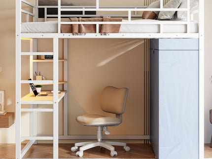 Loft Bed With Desk, Shelves, Power Outlet, LED Light And Wardrobe