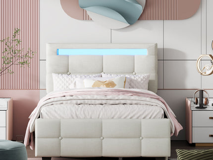 Upholstered Platform Bed With LED Frame, With Trundle And 2 Drawers
