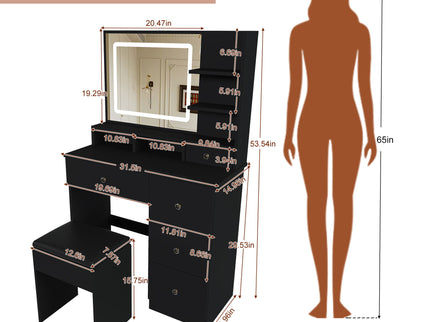 Vanity Desk With Mirror, 3 Color Lighting And Stool