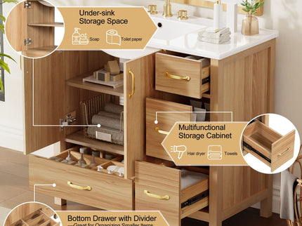 36" Bathroom Vanity, 2 Soft Close Doors, 4 Soft Close Drawers, Adjustable Shelf, Storage Cabinet - Acacia Wood