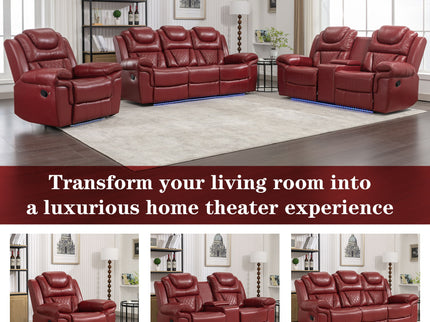 Home Theater Seating Manual Recliner Chair With Center Console And LED Light Strip For Living Room - Red