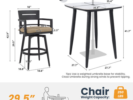 5 Pieces Outdoor Patio Bar Set, Rounded Square Sintered Stone Table & 4 Swivel Bar Chairs