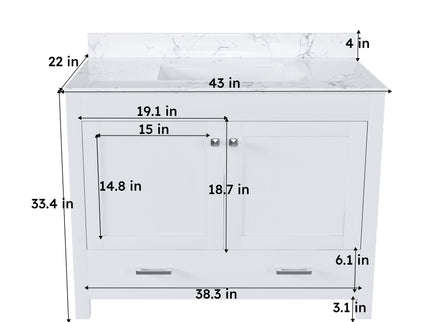 43" Bathroom Vanity With Artificial Marble Carrara Top Set, Multi Functional Cabinet With Doors And Drawer - White