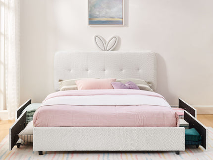 Upholstered Bed With Oversized Rabbit Ear Headboard, LED Lights & 4 Storage Drawers