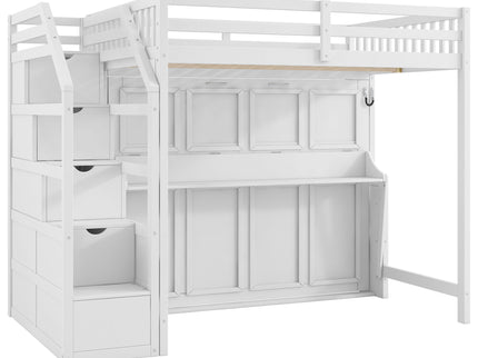 Full Long Loft Bed With Storage Staircase, Murphy Bed, LED Light - White