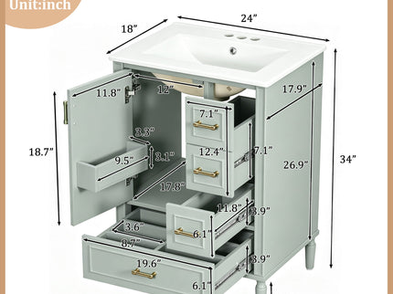 Modern Bathroom Vanity With Sink, Soft Close Doors, 3 Drawers