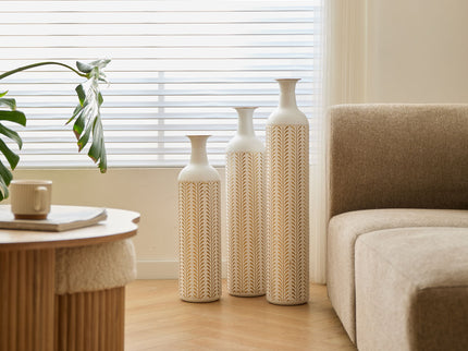 Floor Metal Vase Modern Style Decoration Home Metal Vase 3 Piece Set Gorgeous Home Decoration Large Glazed Metal Vase - Gold / White