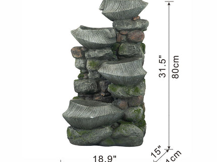 Indoor Outdoor Stone Water Fountain, 4 Tier Polyresin Cascading Rock Bowl Freestanding Fountain With LED Ligh - Gray