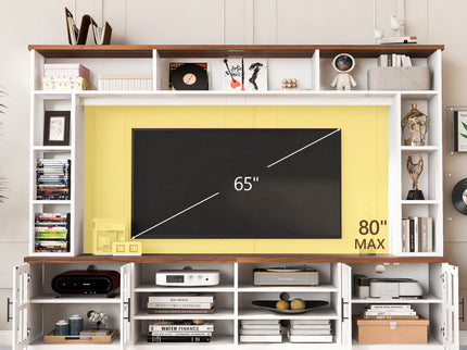 Wall Unit Entertainment Center With Bookshelves For TVs Up To 80", Tempered Glass Doors And Adjustable Shelves