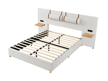 Upholstered Platform Bed, 2 Outlets And USB Charging Ports On Both Sides, 2 Bedside Pillows, Storage Shelves