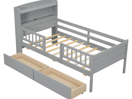 Platform Bed With LED Light, Multi Functional Headboard, Guardrail And 2 Drawers