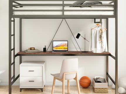 Adam - Twin Loft Bunk Bed With Cinnamon Wood Desk And Closet Rod - Black