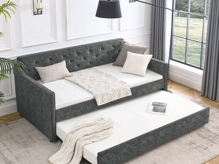 Twin Upholstered Daybed With Trundle, Waved Arms - Gray