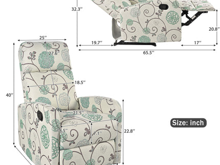 Modern Manual Recliner, Home Theater Chair With Adjustable Backrest For Living Room - Beige / Blue