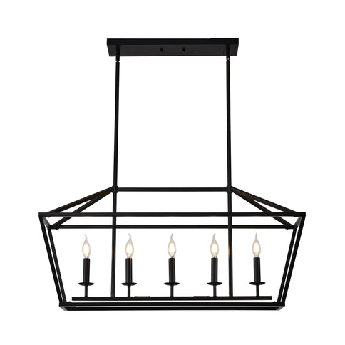 5 Light Farmhouse Kitchen Island Lighting, 5 Light Industrial Linear Chandelier For Dining Room Metal Hanging Pendant Light Fixture For Bedroom Living Room Hallway Conference Room - Matte Black