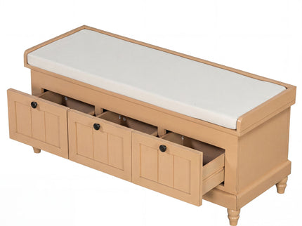 Shoe Bench With Cushion And 3 Drawers - Natural
