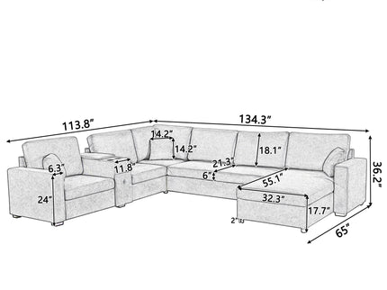 Modular 5 Seat U-Shape Sectional Sofa With Chaise Lounge, Built In Cup Holders And Storage Drawer