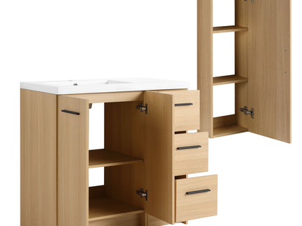 Freestanding Bathroom Vanity Set With Tall Linen Cabinet, 3 Drawers And Large Storage, Single Sink