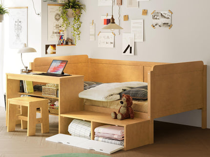 Daybed With Storage Shelves And Lockers, Multi Functional Bed With Study Desk And Matching Stool