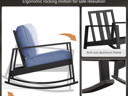 Outdoor Rocking Bistro Set Of 3, Oversized Rocking Chairs With Cushions And Side Table - Black / Blue