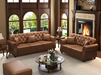 Upholstered Sofa With Nailhead Trim, Rolled Armrests With Ottoman