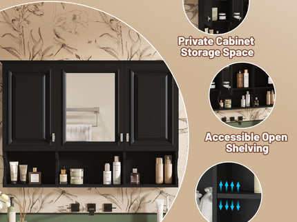 Modern Wall Mounted Mirror Medicine Cabinet With Open Shelves, Adjustable Interior, Storage Over Toilet